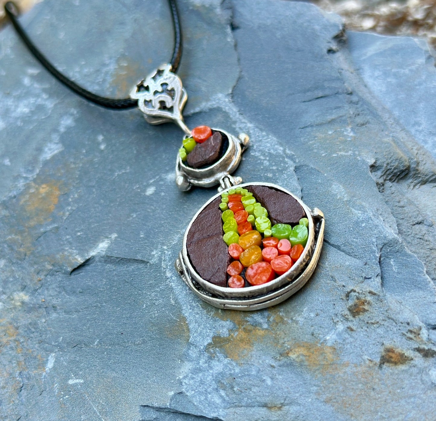 Necklace, Purple Slate, Greens & Oranges